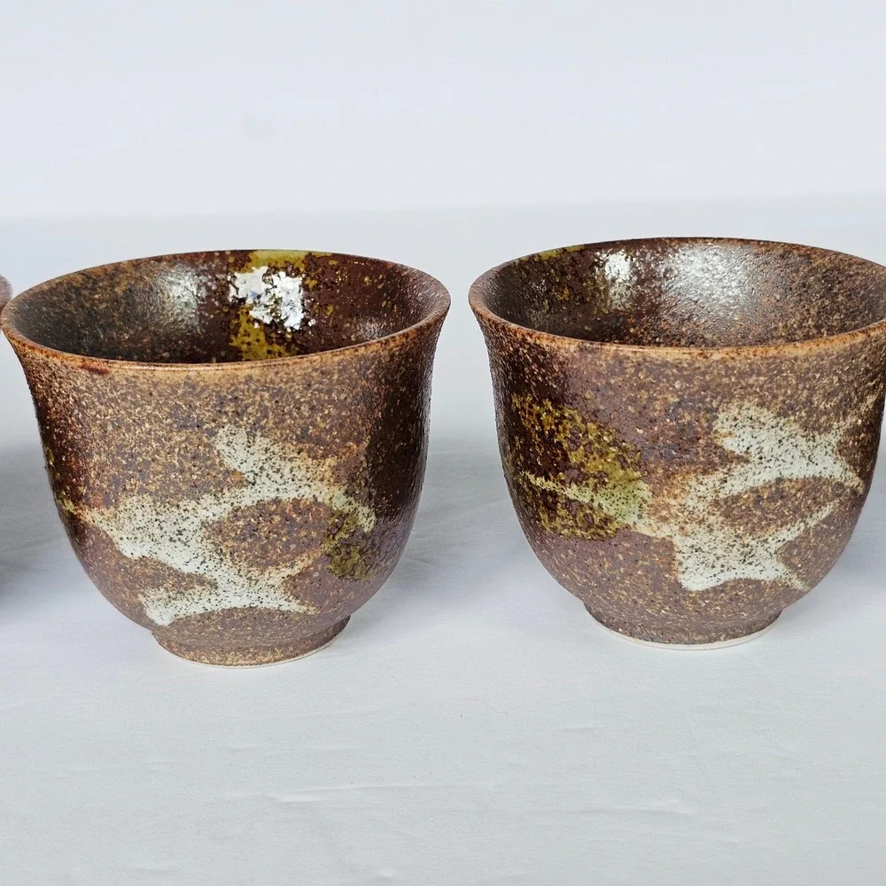 Vtg Japanese Style Tea Cup Set 5 Brown Speckled Pottery Wabi Sabi Rustic Earthy‎